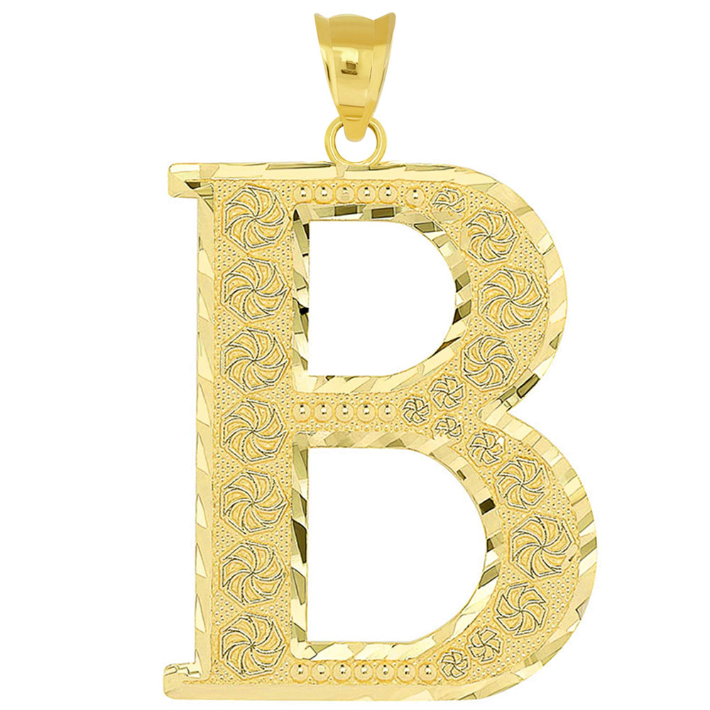 14k Yellow Gold Textured Uppercase Initial B Letter Pendant with Eternity Symbols 1 inch