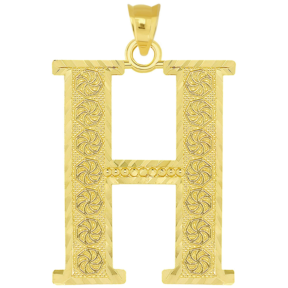14k Yellow Gold Textured Uppercase Initial H Letter Pendant with Eternity Symbols 1 inch