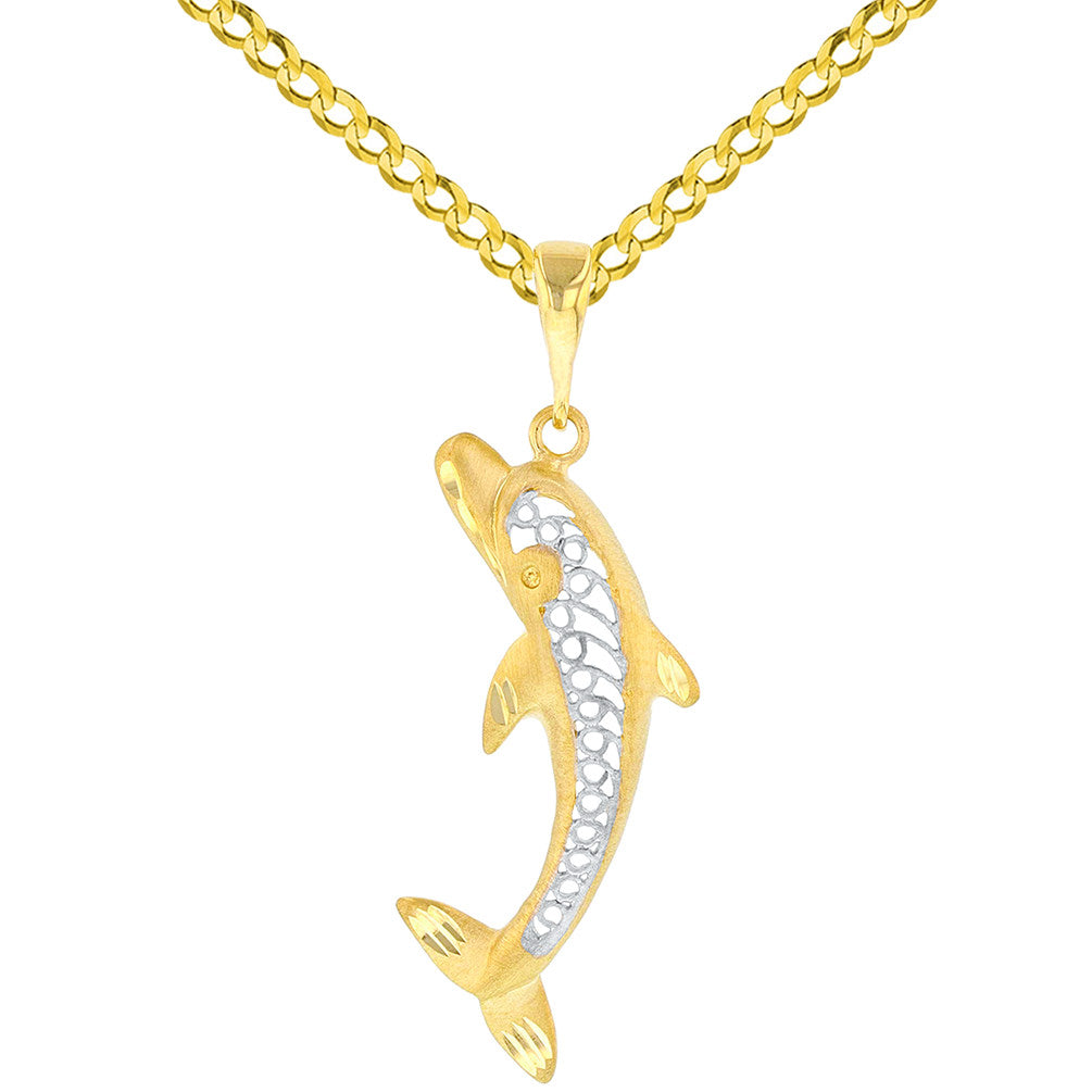 14k Gold Dolphin Pendant Cuban Chain Necklace