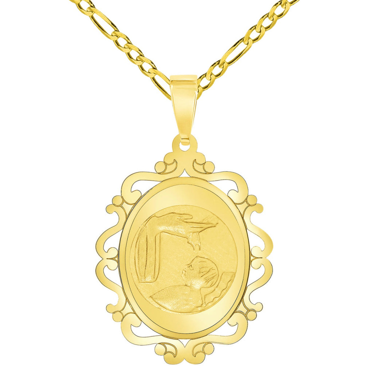 14k Yellow Gold Religious Baptism Christening On Elegant Ornate Medal Pendant with Figaro Chain Necklace