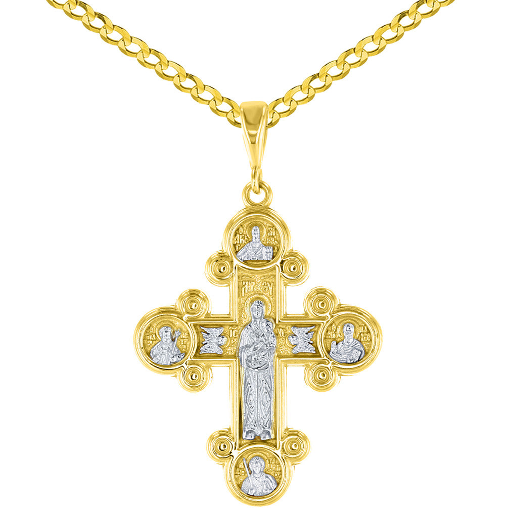 14K Yellow Gold Mother of God Virgin Mary with Jesus & Saints Cross Pendant Cuban Chain Necklace