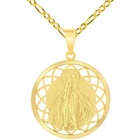 Load image into Gallery viewer, 14k Yellow Gold Round Open Ornate Miraculous Medal of Virgin Mary Pendant with Figaro Chain Necklace
