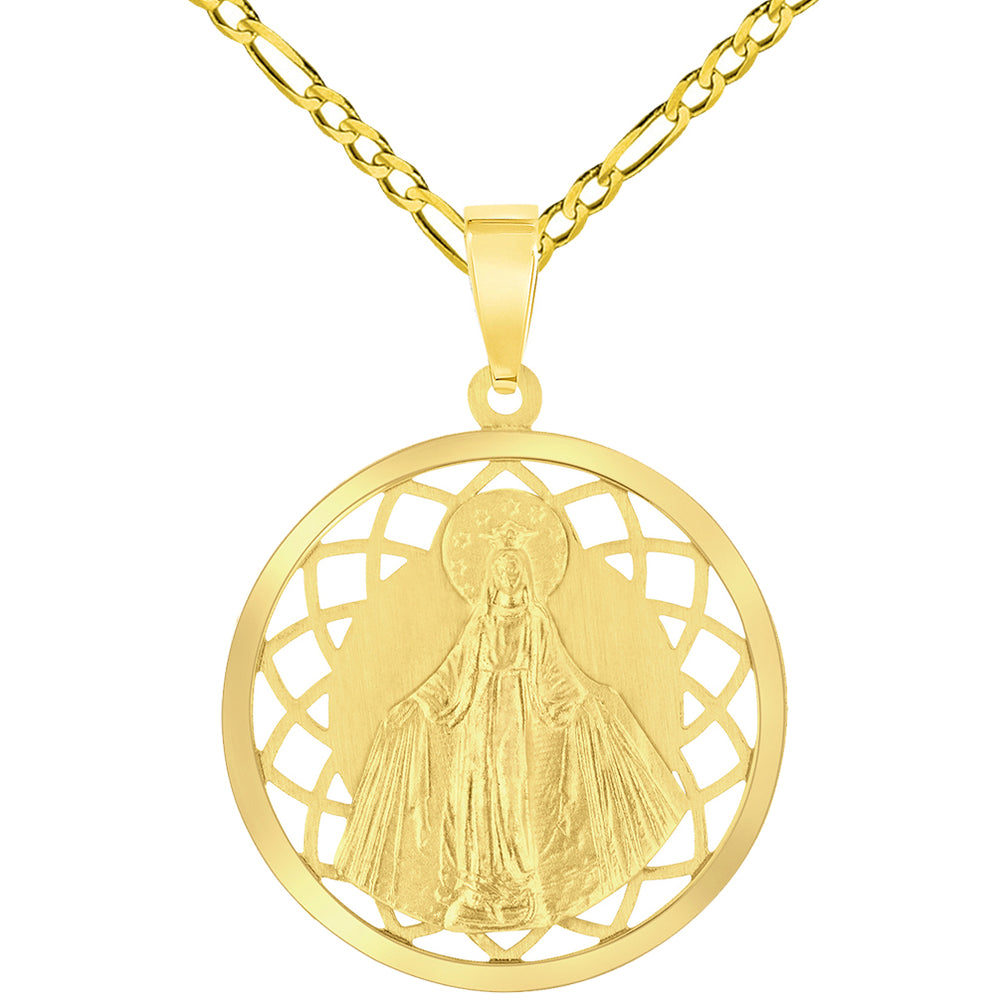 14k Yellow Gold Round Open Ornate Miraculous Medal of Virgin Mary Pendant with Figaro Chain Necklace
