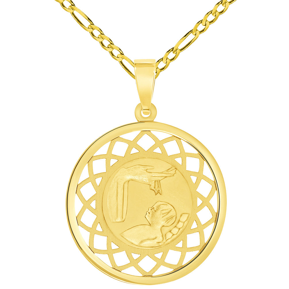 14k Yellow Gold Religious Baptism Christening On Round Open Ornate Medal Pendant with Figaro Chain Necklace