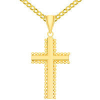 Load image into Gallery viewer, Solid 14k Yellow Gold Beaded Edged Plain Religious Cross Pendant Necklace with Curb Chain Necklaces
