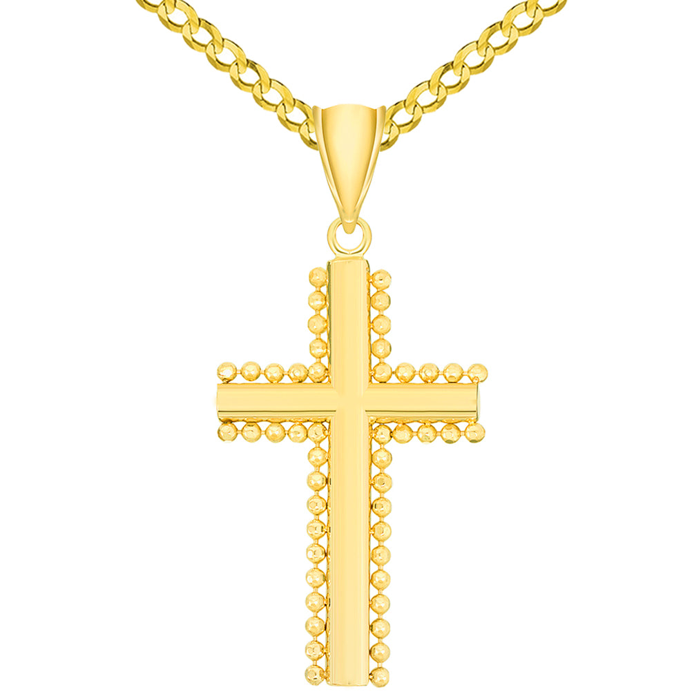Solid 14k Yellow Gold Beaded Edged Plain Religious Cross Pendant Necklace with Curb Chain Necklaces