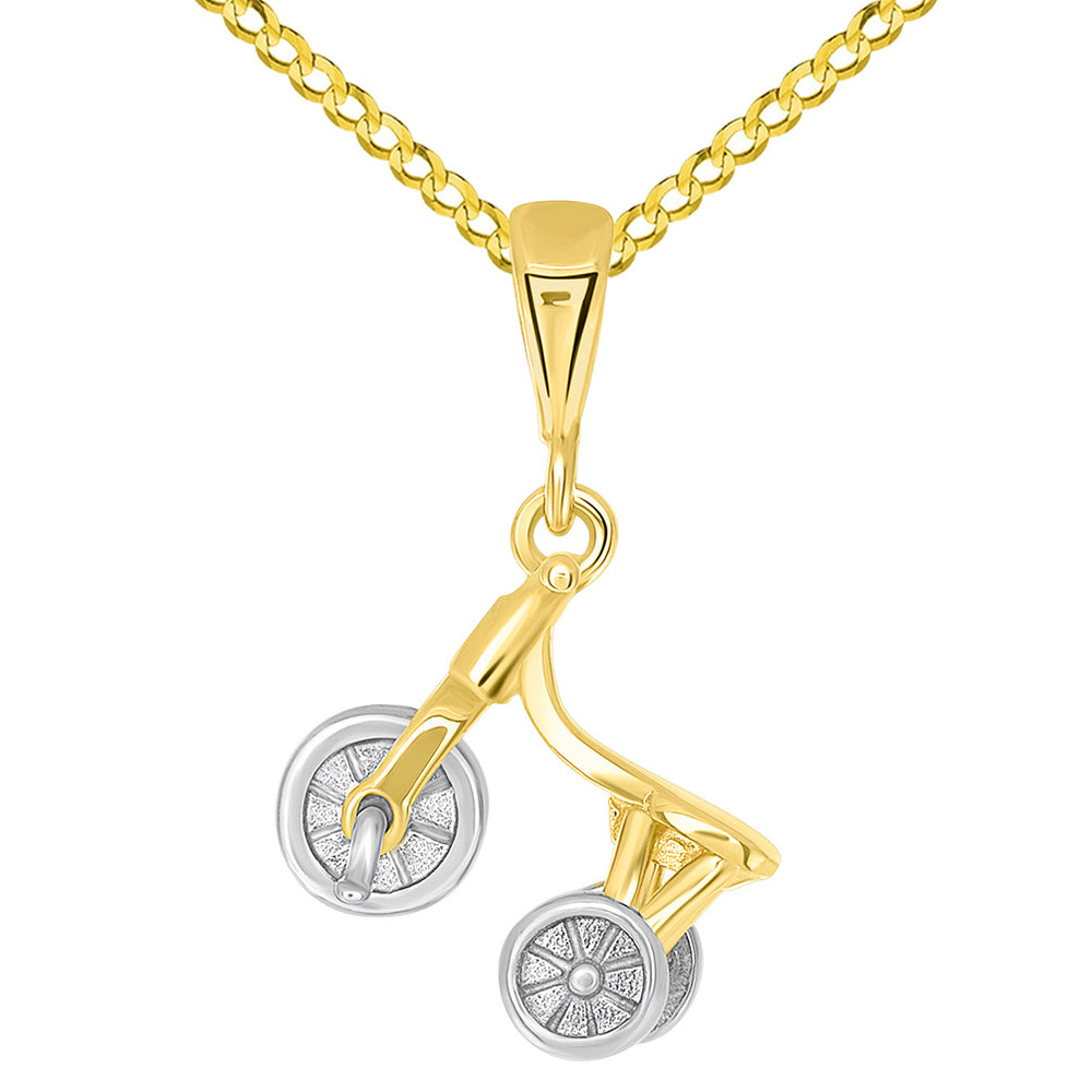 Solid 14K Two-Tone Gold 3-D Tricycle Bike Charm Pendant with Cuban Chain Necklace