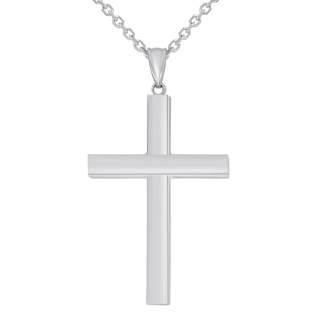 14k White Gold Large 4mm Thick Religious Plain Hollow Square Tube Cross Pendant Necklace