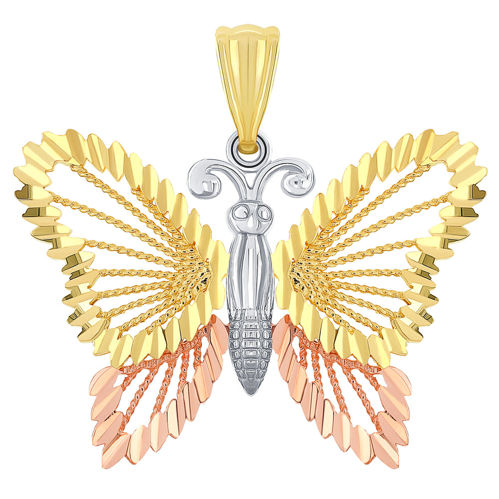 14k Solid Tri-Color Gold Textured Open Butterfly Pendant