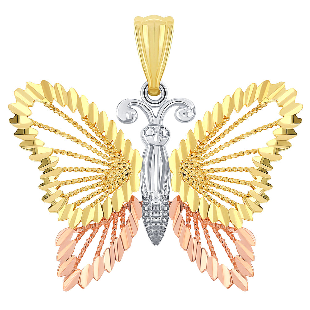 14k Solid Tri-Color Gold Textured Open Butterfly Pendant