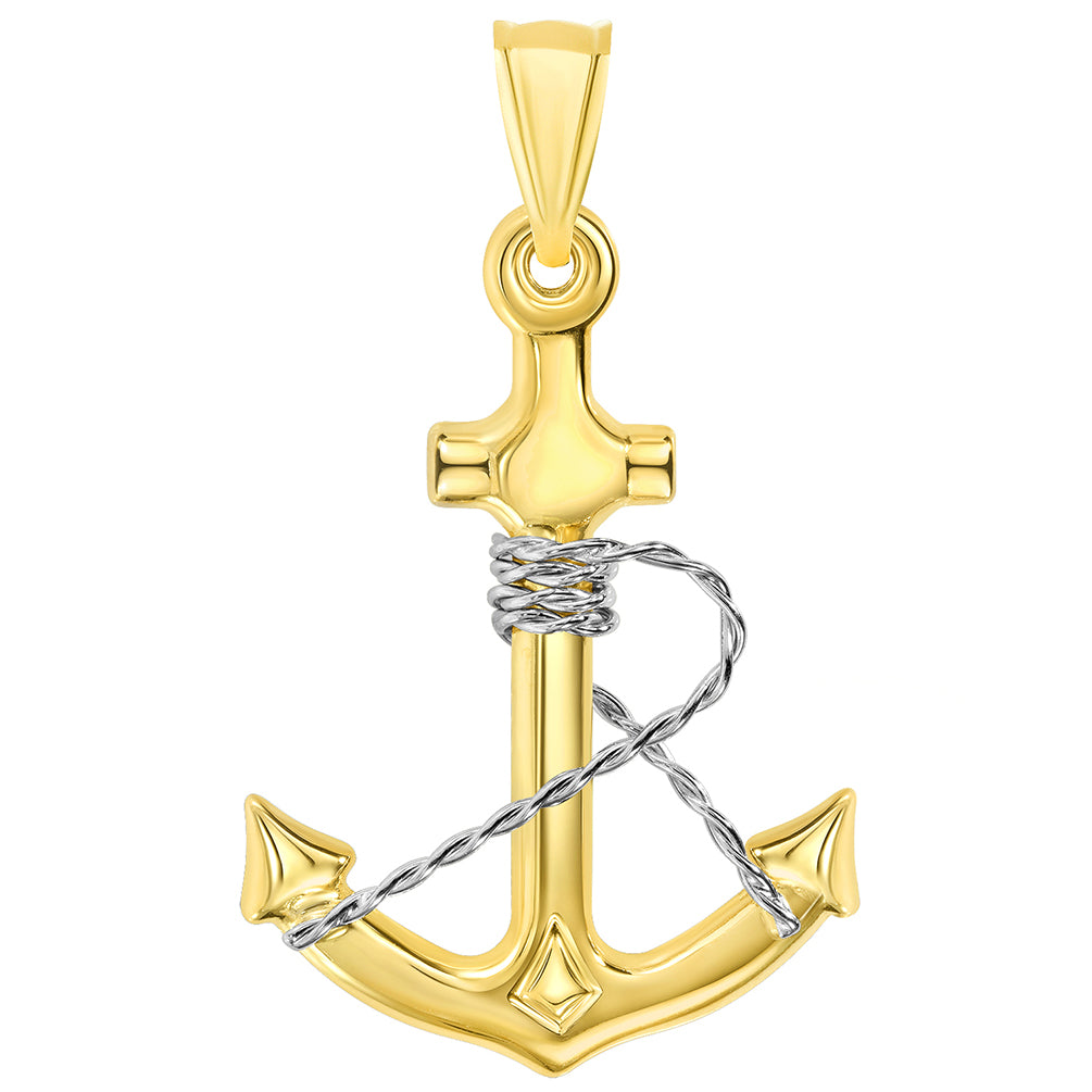 14k Two-Tone Gold 3D Anchor with Rope Pendant
