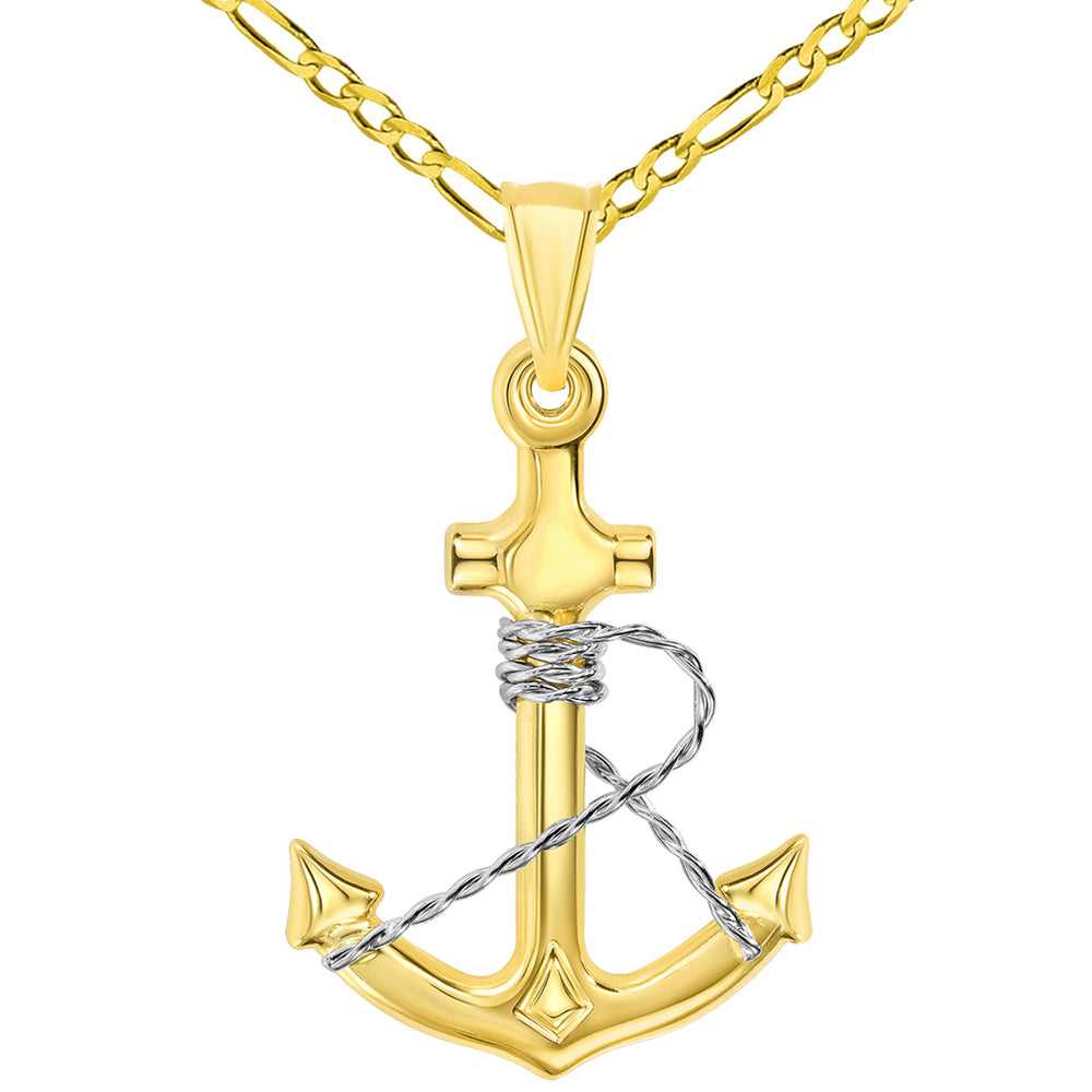 14k Two-Tone Gold Polished 3D Anchor with Rope Pendant with Figaro Chain Necklace
