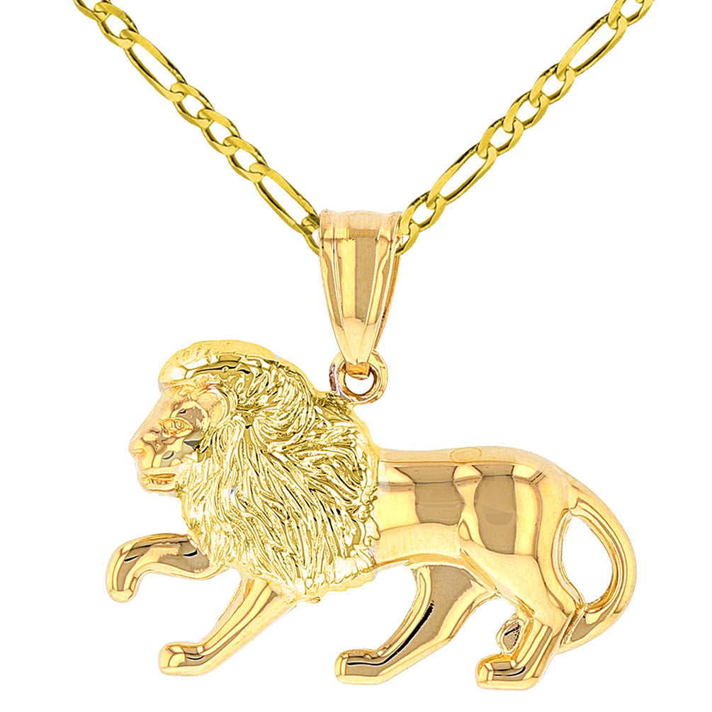 High Polish 14k Yellow Gold 3D Leo Zodiac Sign Charm Lion Animal Pendant with Figaro Chain Necklace