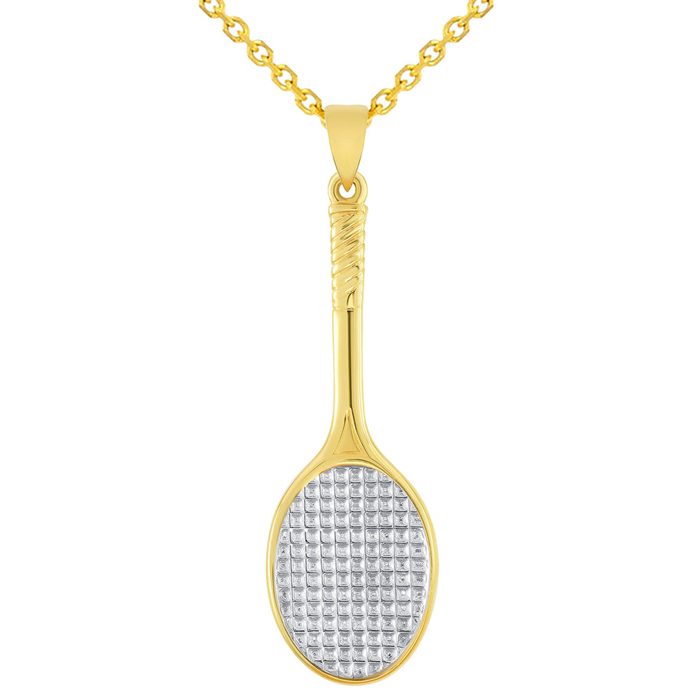 Solid 14k Yellow Gold Classic Tennis Racket Sports Pendant Necklace