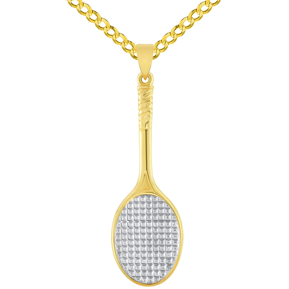Solid 14k Yellow Gold Classic Tennis Racket Sports Pendant with Curb Chain Necklace