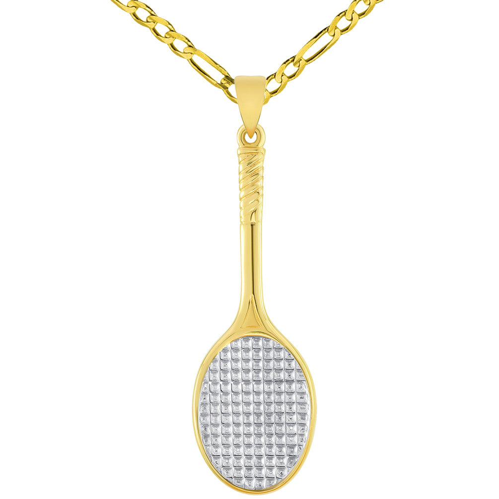 Solid 14k Yellow Gold Classic Tennis Racket Sports Pendant with Figaro Chain Necklace
