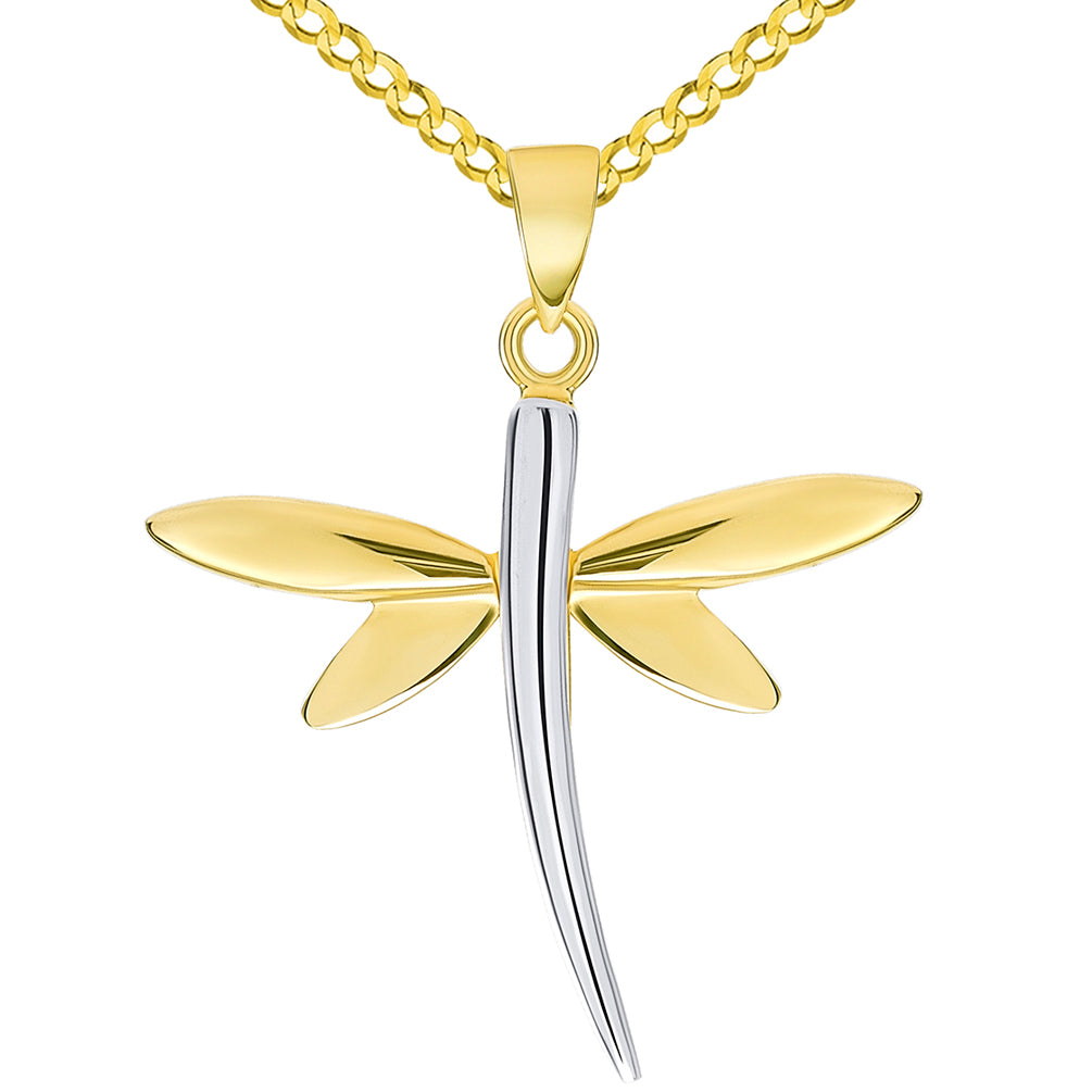 14k Yellow Gold High Polished Two-Tone Dragonfly Pendant with Cuban Curb Chain Necklace