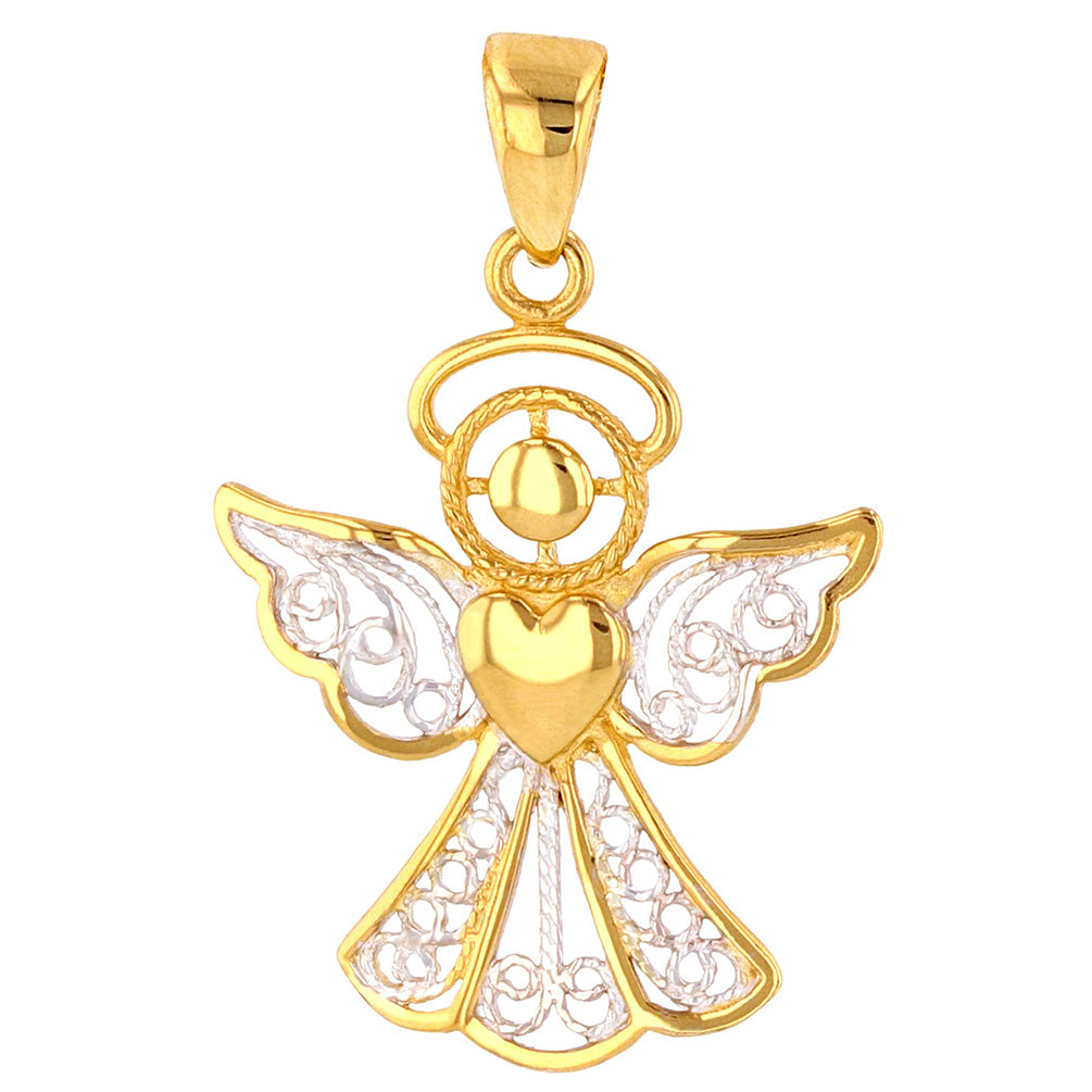 Polished 14K Gold Filigree Angel with Heart Charm Pendant