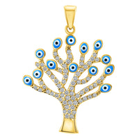 Load image into Gallery viewer, 14k Yellow Gold Cubic-Zirconia Blue Evil Eye Tree of Life Pendant
