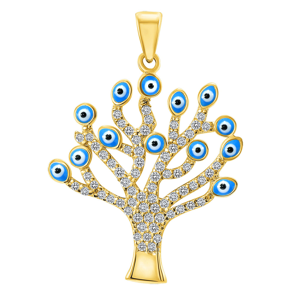 14k Yellow Gold Cubic-Zirconia Blue Evil Eye Tree of Life Pendant