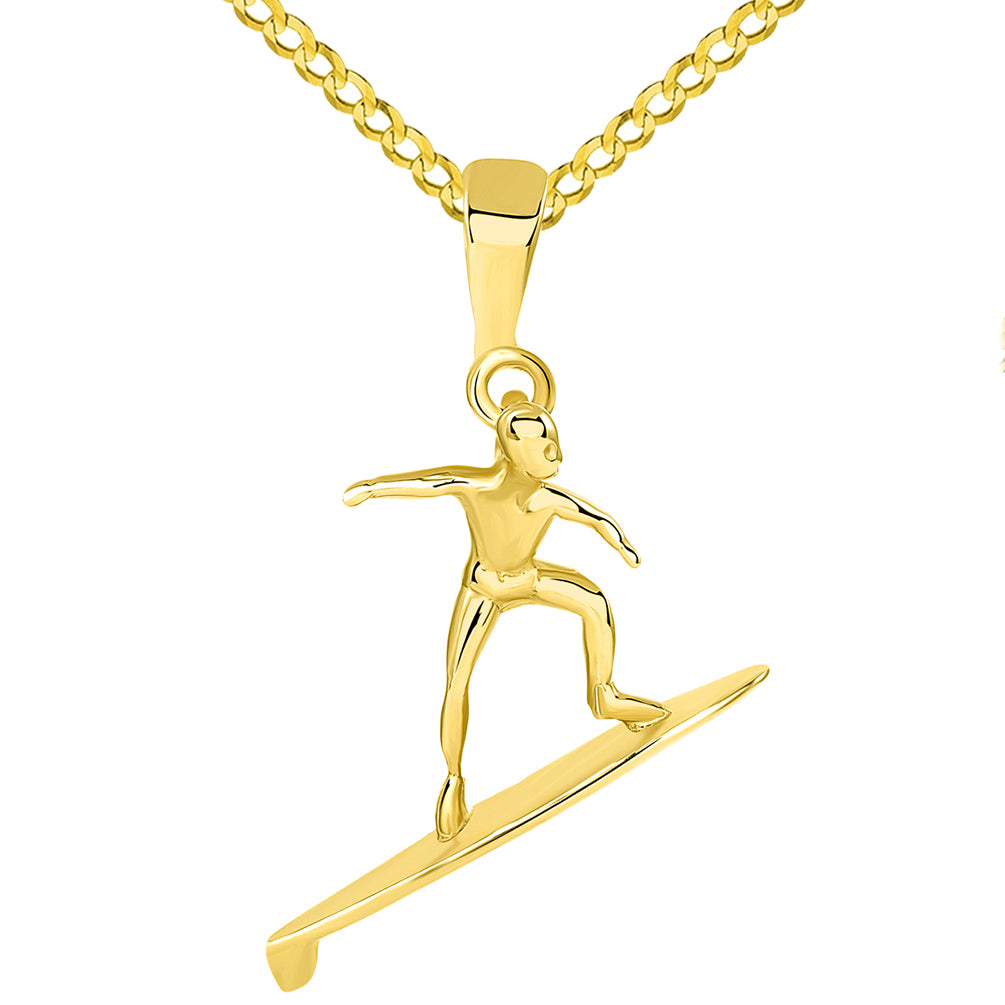 Solid 14k Yellow Gold Surfer Surfing on Surfboard Pendant Cuban Necklace
