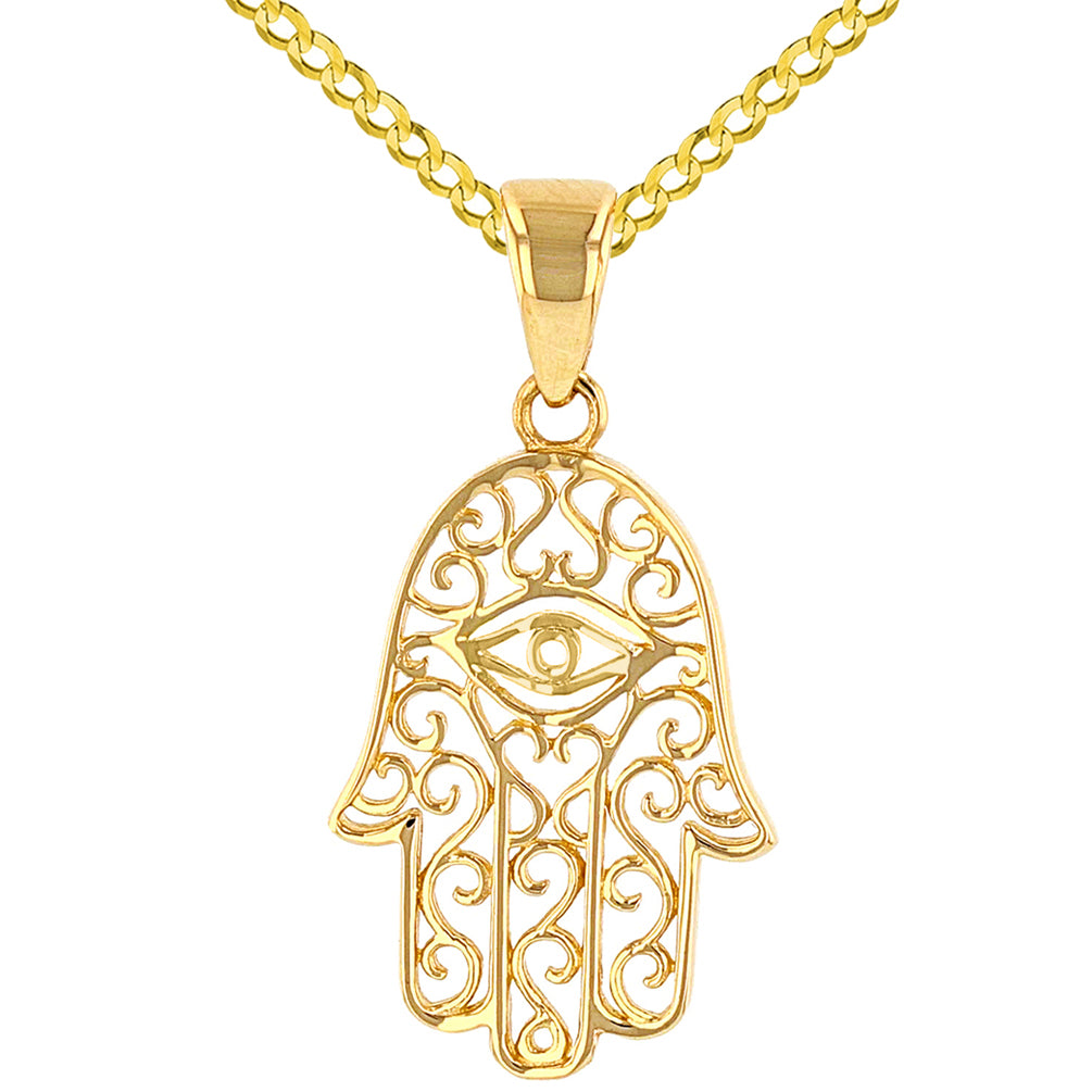 Solid 14K Yellow Gold Filigree Hamsa Hand of Fatima with Evil Eye Pendant Cuban Chain Curb Necklace