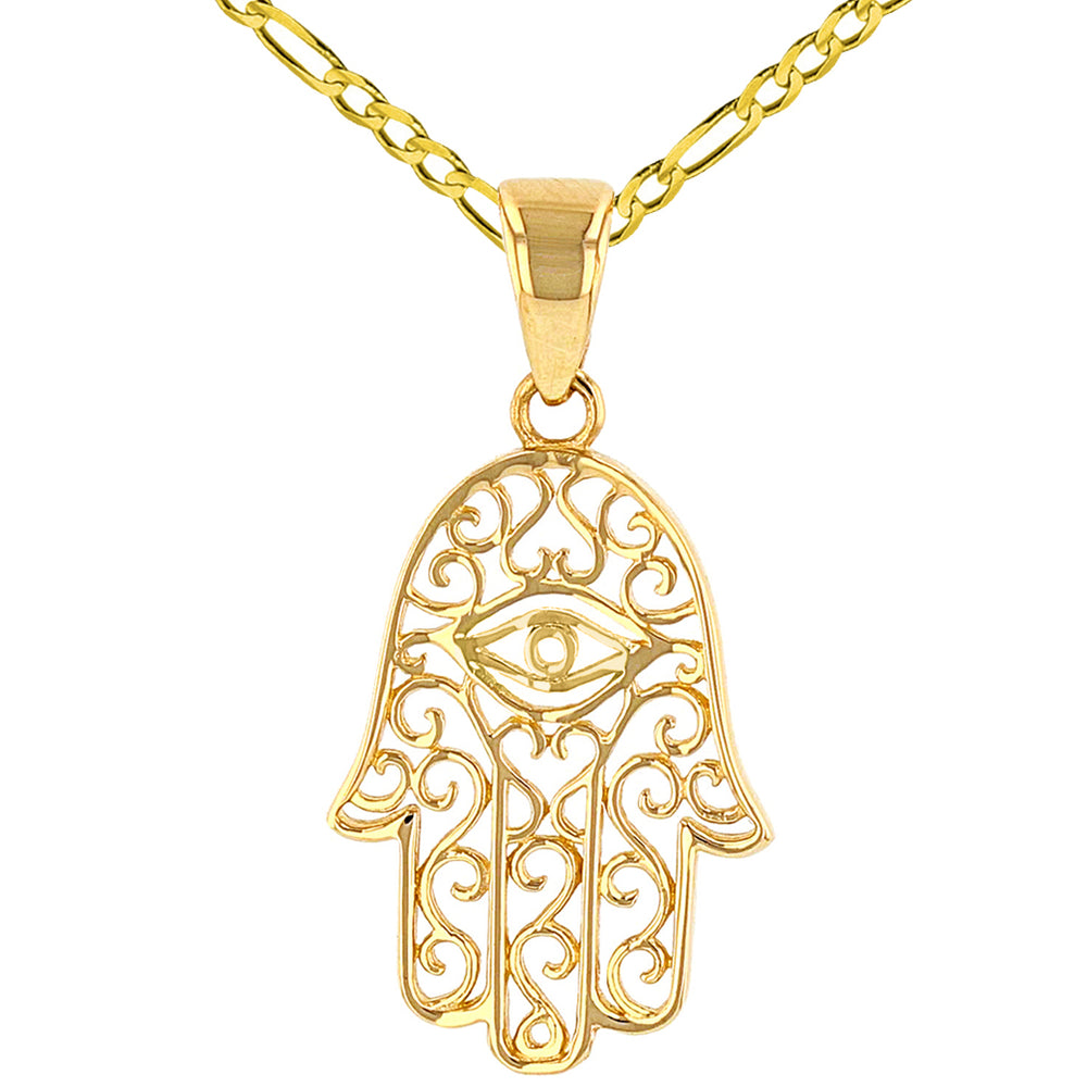 Solid 14K Yellow Gold Filigree Hamsa Hand of Fatima with Evil Eye Pendant Figaro Chain Necklace