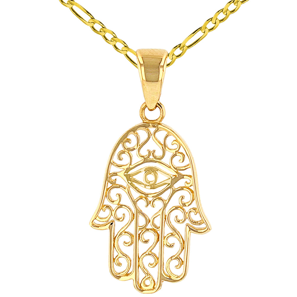 Solid 14K Yellow Gold Filigree Hamsa Hand of Fatima with Evil Eye Pendant Figaro Chain Necklace