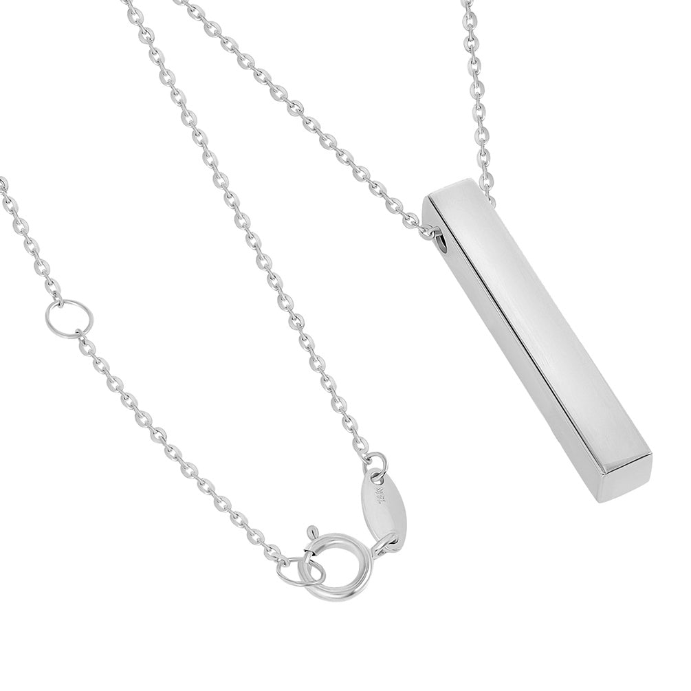 14k White Gold Engravable Personalized Four Sided Vertical Bar Necklace with Spring Ring Clasp, 18"