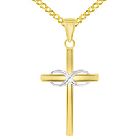 Load image into Gallery viewer, 14k Two-Tone Gold Religious Plain Cross and Infinity Eternity Symbol Pendant Cuban Curb Chain Necklace
