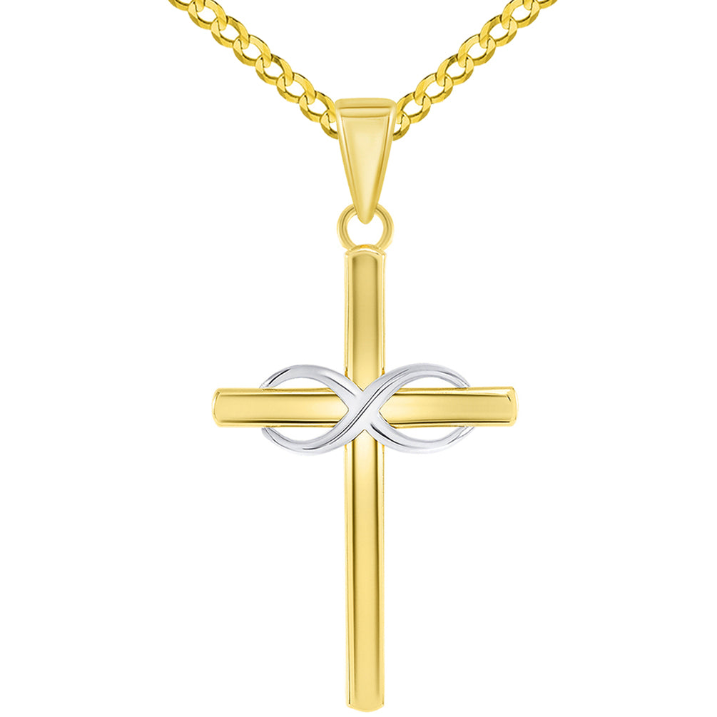14k Two-Tone Gold Religious Plain Cross and Infinity Eternity Symbol Pendant Cuban Curb Chain Necklace