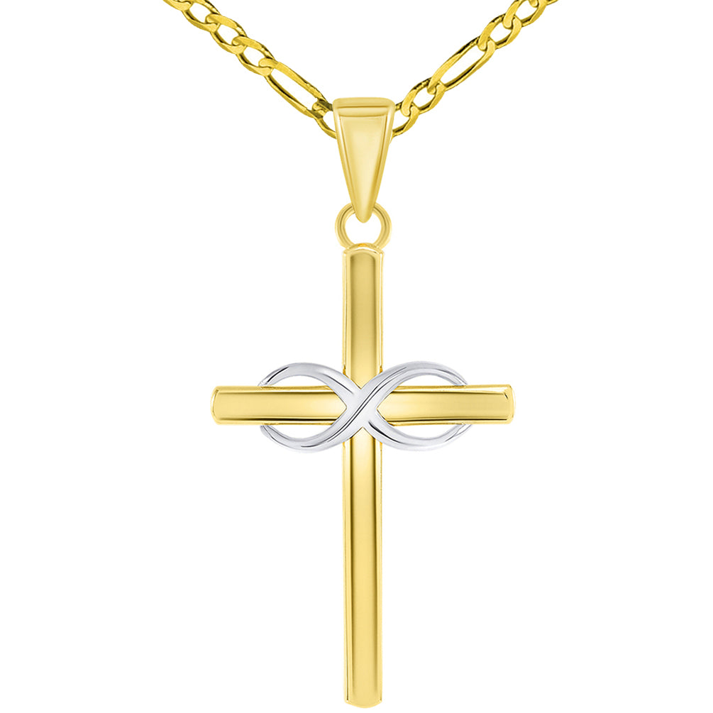 14k Two-Tone Gold Religious Plain Cross and Infinity Eternity Symbol Pendant Figaro Chain Necklace