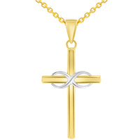 Load image into Gallery viewer, 14k Two-Tone Gold Religious Plain Cross and Infinity Eternity Symbol Pendant Rolo Cable Necklace
