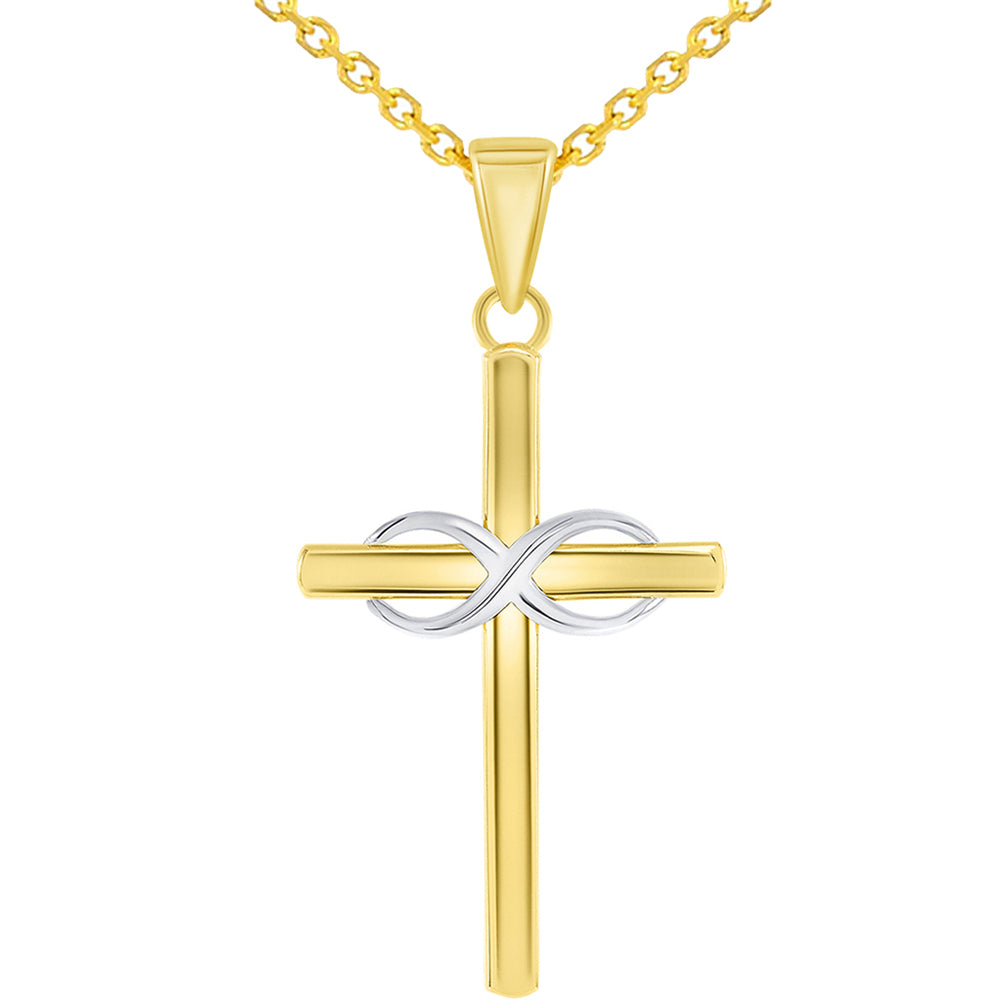 14k Two-Tone Gold Religious Plain Cross and Infinity Eternity Symbol Pendant Rolo Cable Necklace