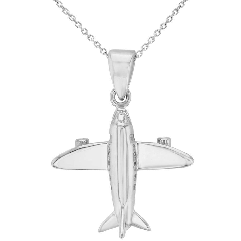 Solid 14k White Gold 3D Airplane Charm Jet Aircraft Pendant Necklace