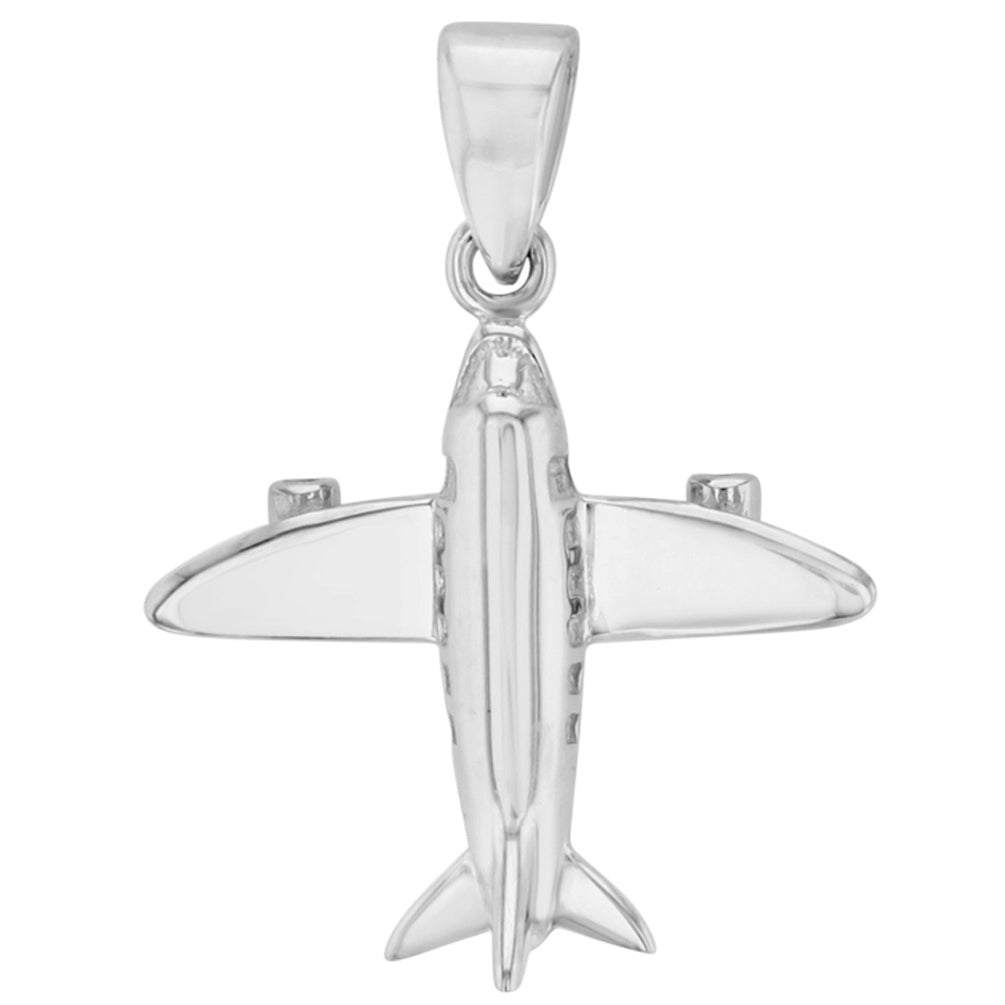 Solid 14k White Gold 3D Airplane Charm Jet Aircraft Pendant