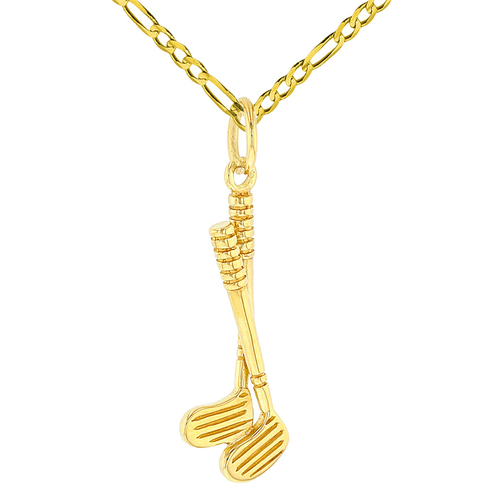 Solid 14K Yellow Gold Set of Golf Clubs Charm Sports Pendant Figaro Necklace