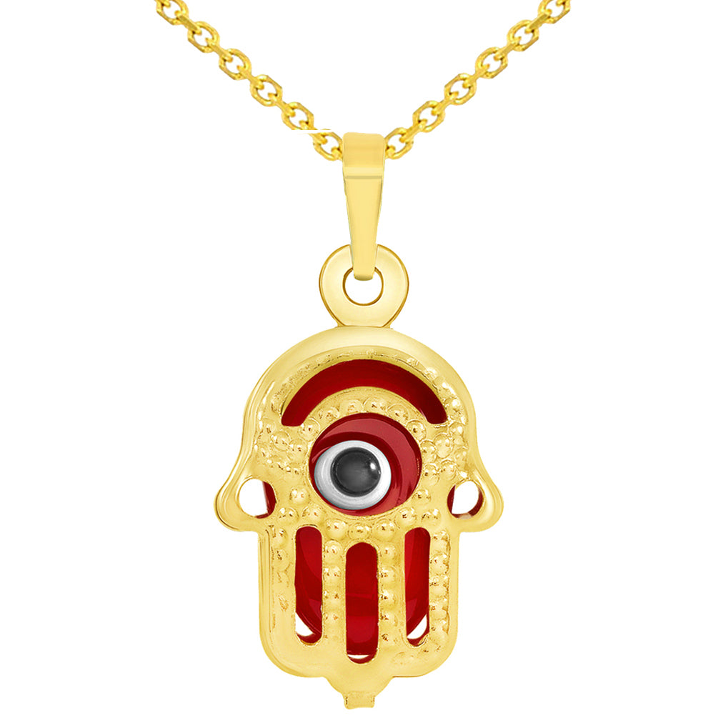 14k Yellow Gold Small Red Hamsa Hand Charm Pendant Necklace