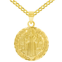 Load image into Gallery viewer, Solid 14k Yellow Gold Round Shaped St. Benedict Medallion Charm Pendant with Cuban Curb Chain Necklace
