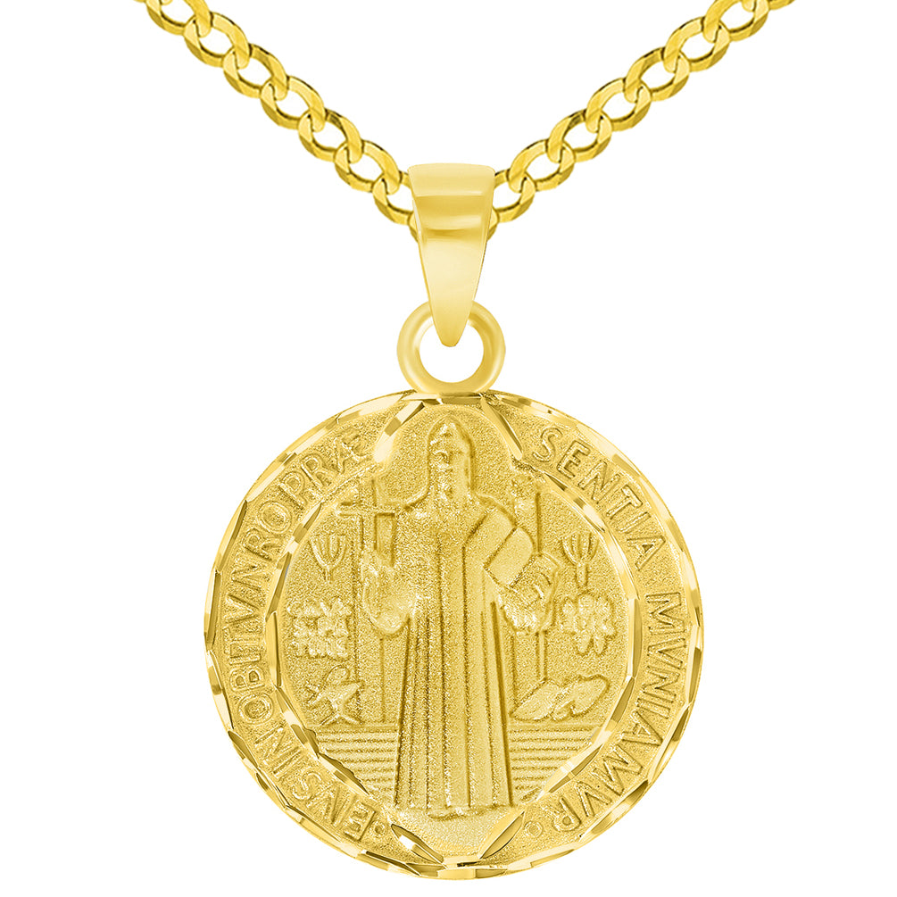 Solid 14k Yellow Gold Round Shaped St. Benedict Medallion Charm Pendant with Cuban Curb Chain Necklace