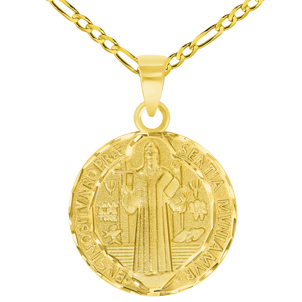 Solid 14k Yellow Gold Round Shaped St. Benedict Medallion Charm Pendant with Figaro Curb Chain Necklace