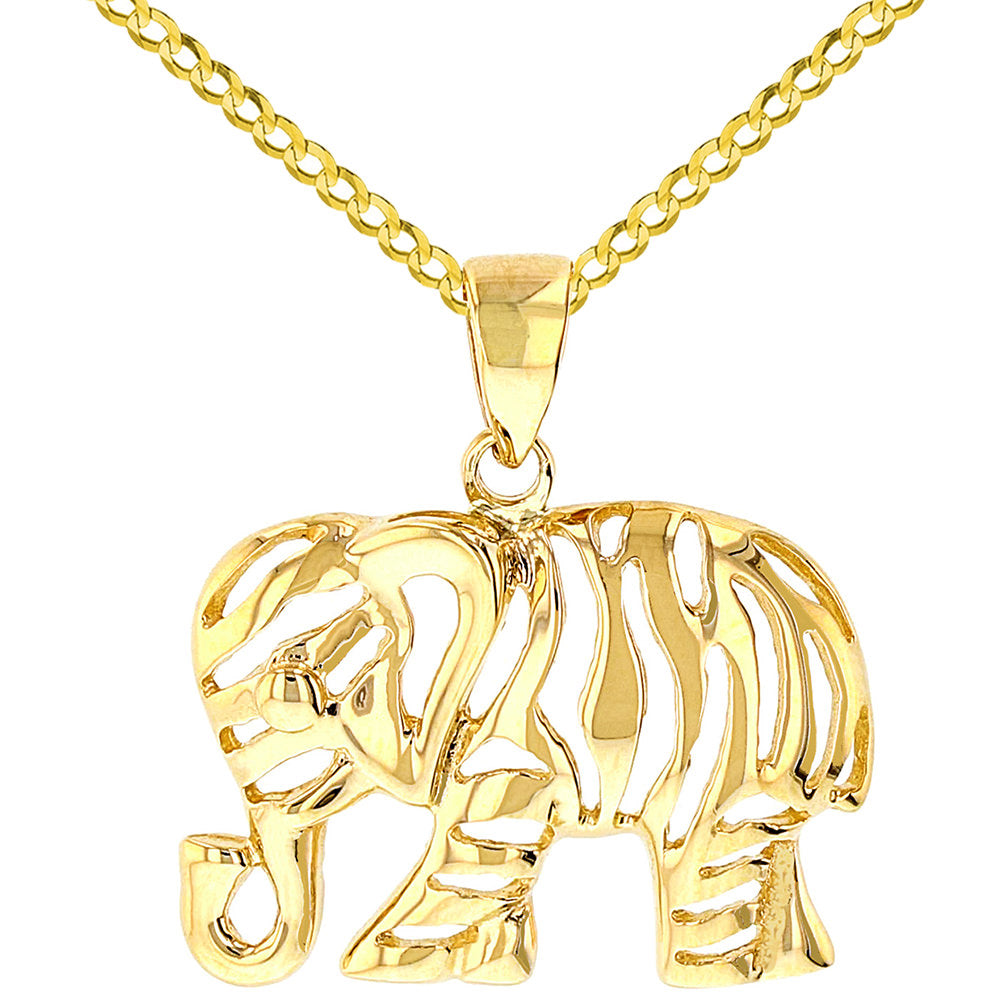 Polished 14K Yellow Gold Elegant Elephant Charm Animal Pendant with Cuban Chain Necklace