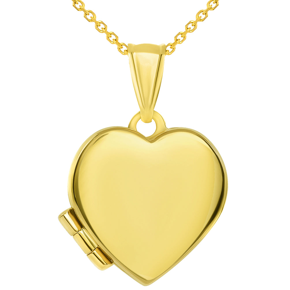 14k Yellow Gold Plain and Simple Heart Love Locket Pendant with Cable Chain Necklace