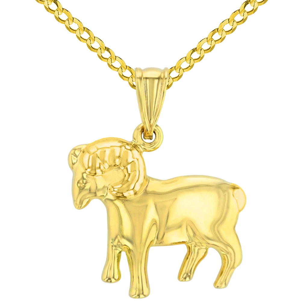 High Polish 14k Yellow Gold 3D Aries Zodiac Sign Ram Animal Pendant Cuban Curb Chain Necklace