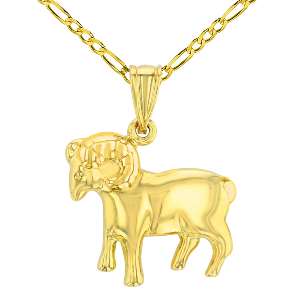 High Polish 14k Yellow Gold 3D Aries Zodiac Sign Ram Animal Pendant Figaro Chain Necklace