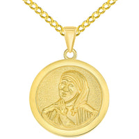 Load image into Gallery viewer, Solid 14k Yellow Gold Round Mother Teresa Medallion Pendant with Curb Chain Necklace
