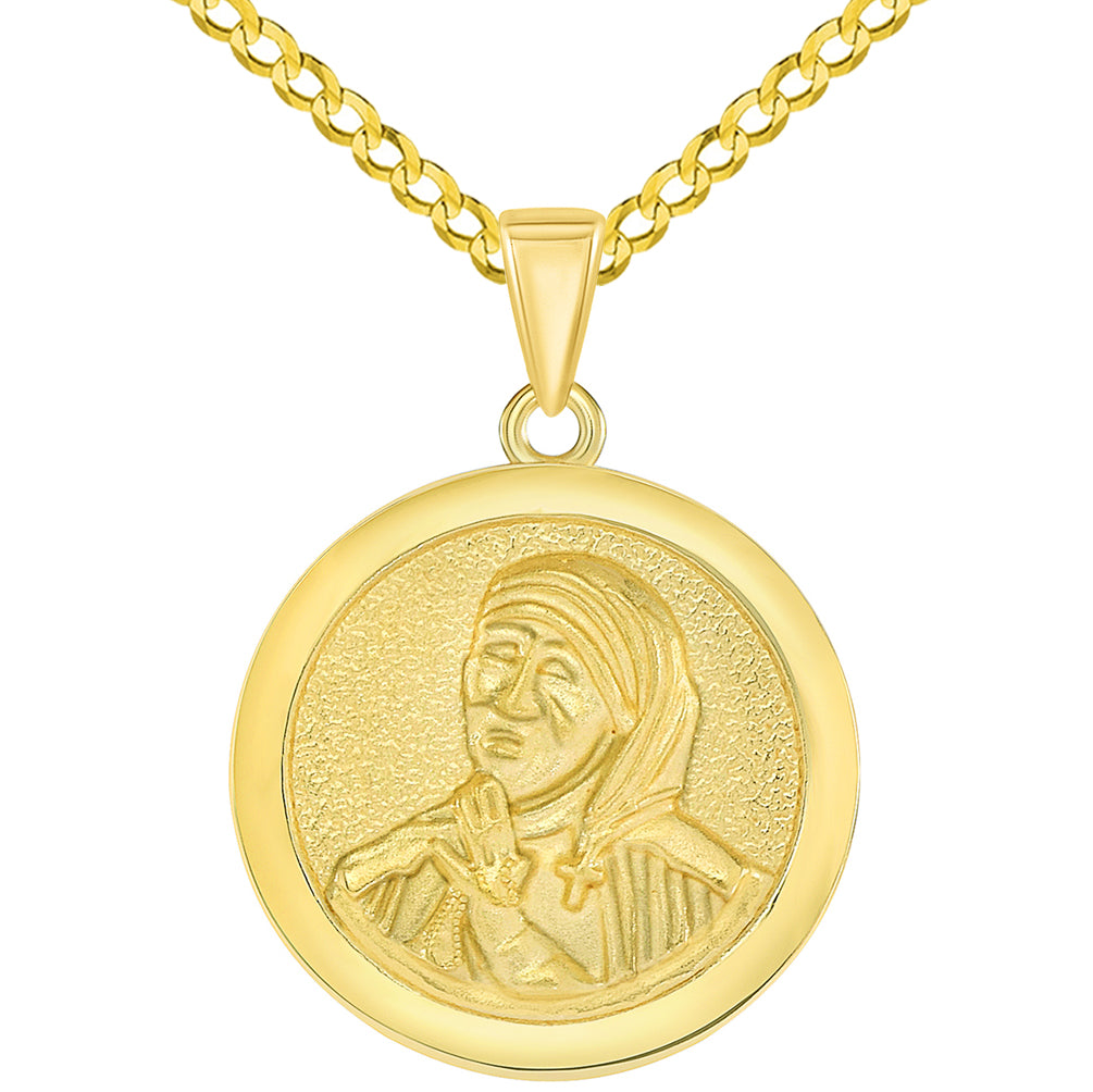 Solid 14k Yellow Gold Round Mother Teresa Medallion Pendant with Curb Chain Necklace