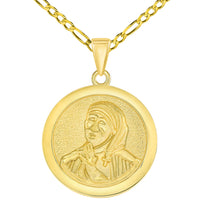 Load image into Gallery viewer, Solid 14k Yellow Gold Round Mother Teresa Medallion Pendant with Figaro Chain Necklace
