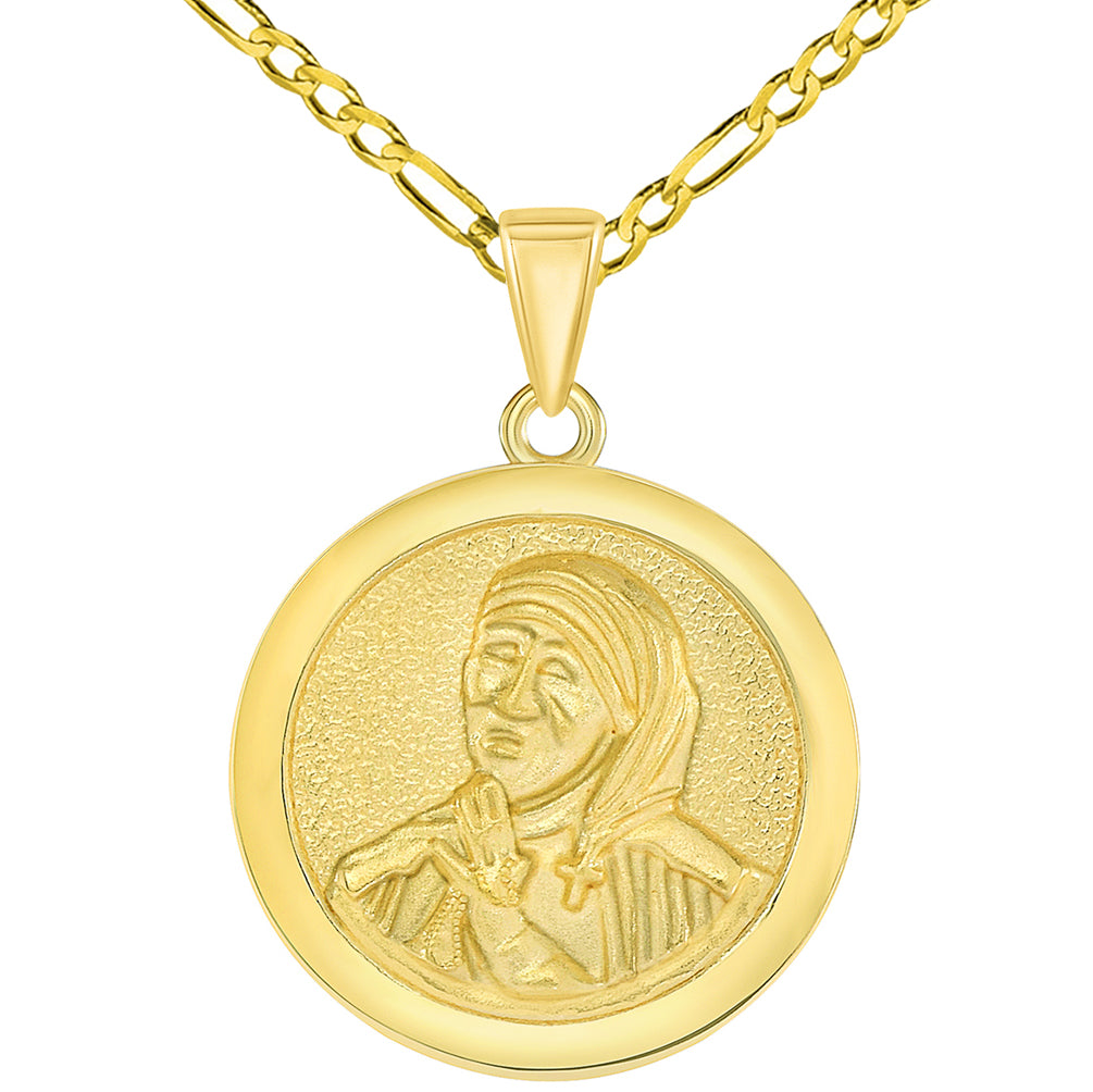 Solid 14k Yellow Gold Round Mother Teresa Medallion Pendant with Figaro Chain Necklace