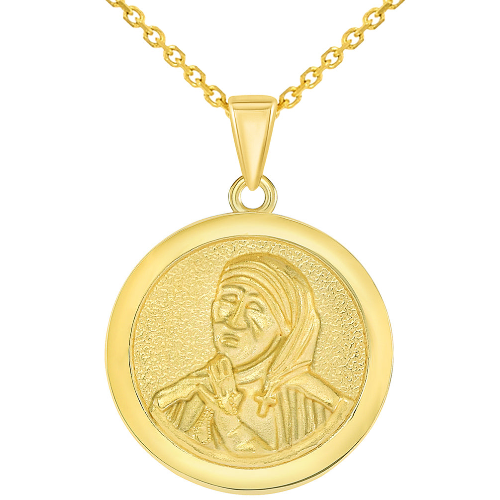 Solid 14k Yellow Gold Round Mother Teresa Medallion Pendant Necklace